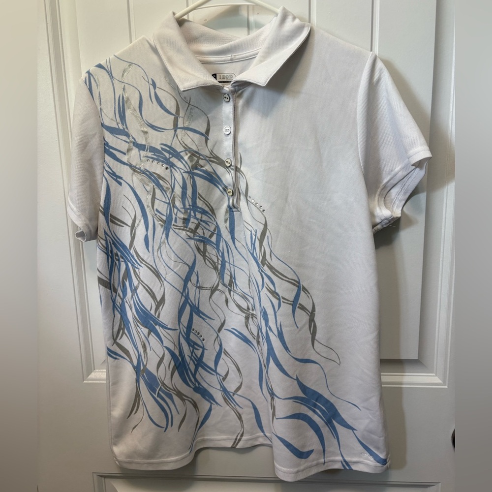 Izod XFG White and Blue Graphic Polo Shirt. Woman’s size XL.